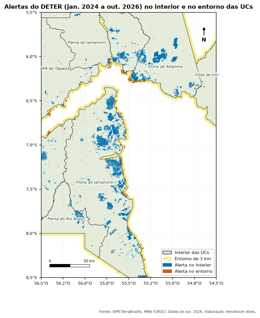 Map of the Novo Progresso region with protected areas in green, a yellow 3 km band around them and DETER alerts in blue inside and in orange in the surroundings. Where two protected areas touch, there is no yellow band.
