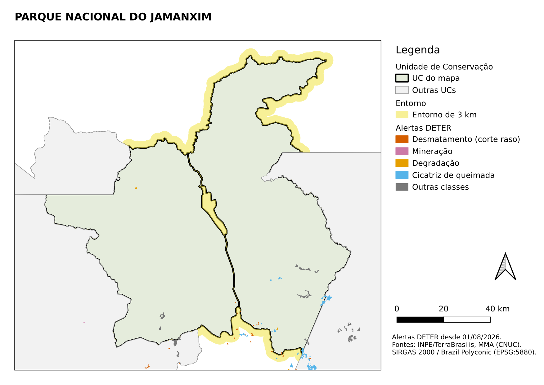 Landscape A4 map titled Parque Nacional do Jamanxim. The protected area is shown in green with a thick black outline, the 3 km surrounding band in yellow, neighboring protected areas in light grey and DETER alerts colored by class. On the right, a legend, a 0 to 40 km scale bar, a north arrow and the data source.