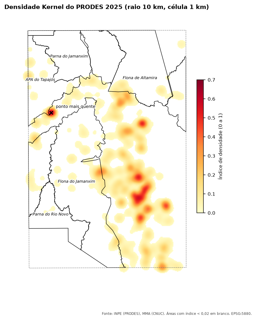 Mapa de calor sobre a região de Novo Progresso, de amarelo-claro a vermelho. A maior parte do calor fica fora das UCs, numa faixa a leste da Floresta Nacional do Jamanxim. O ponto mais quente, marcado com um X, fica na divisa entre a APA do Tapajós e a Floresta Nacional do Jamanxim, a oeste. Os limites das UCs aparecem em preto.