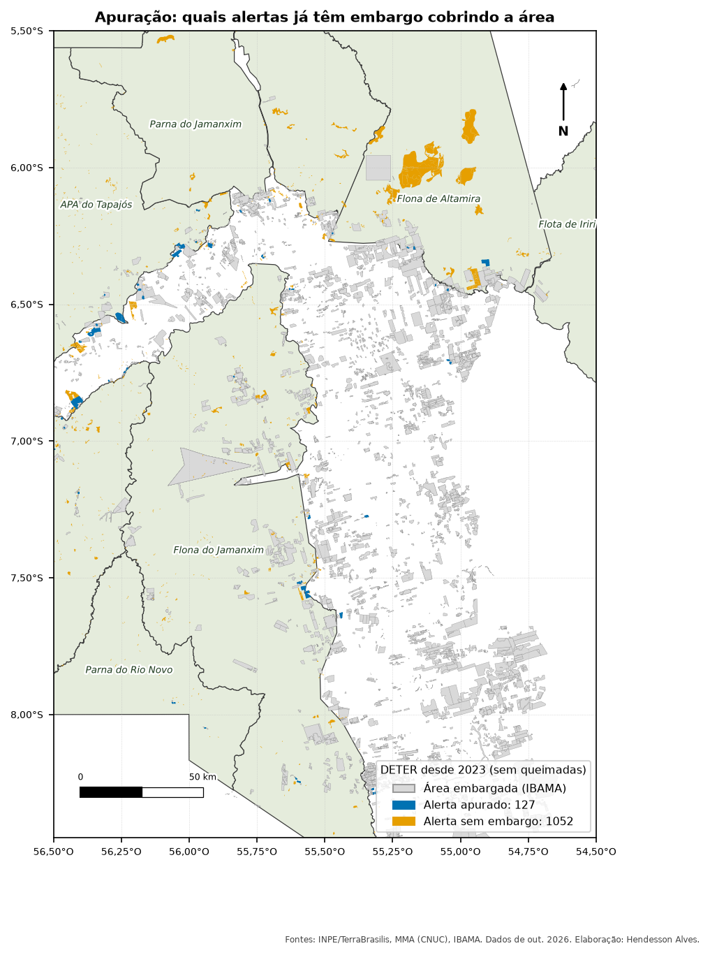 Mapa com alertas sem embargo em laranja e alertas apurados em azul, sobre embargos em cinza. A maioria dos alertas está em laranja.