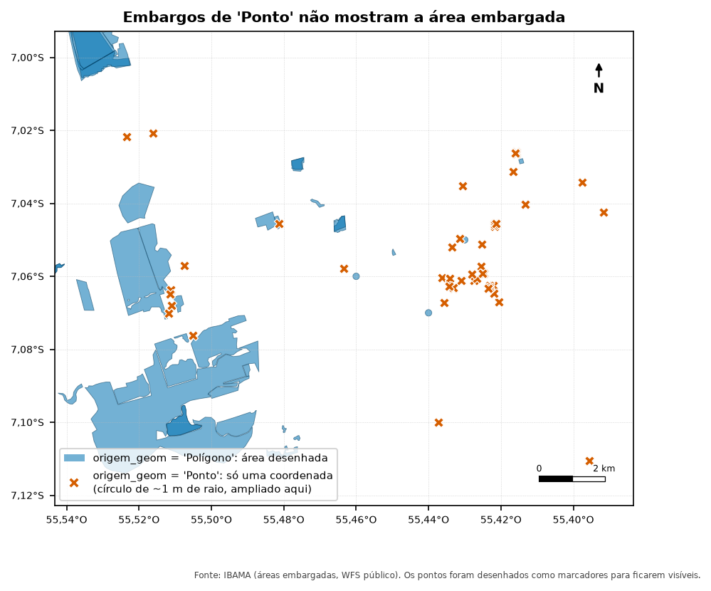 Mapa ampliado com polígonos azuis de áreas embargadas e dezenas de marcadores X vermelhos espalhados, que representam embargos registrados só como coordenada, sem área desenhada.