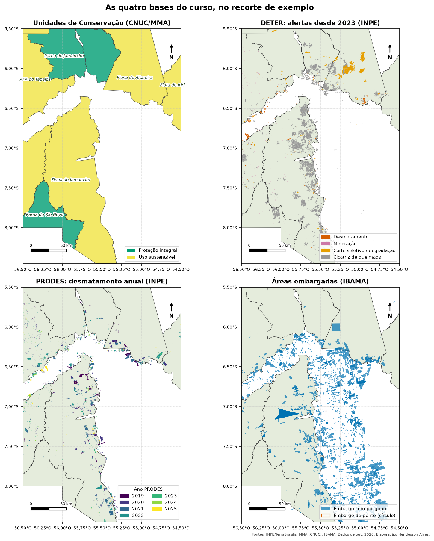 Quatro mapas da mesma região. No primeiro, as Unidades de Conservação coloridas por grupo. No segundo, os alertas DETER por classe, com predomínio de cicatrizes de queimada em cinza. No terceiro, o desmatamento PRODES colorido por ano, de 2019 a 2025. No quarto, centenas de áreas embargadas pelo IBAMA, concentradas fora das UCs, ao longo da BR-163.