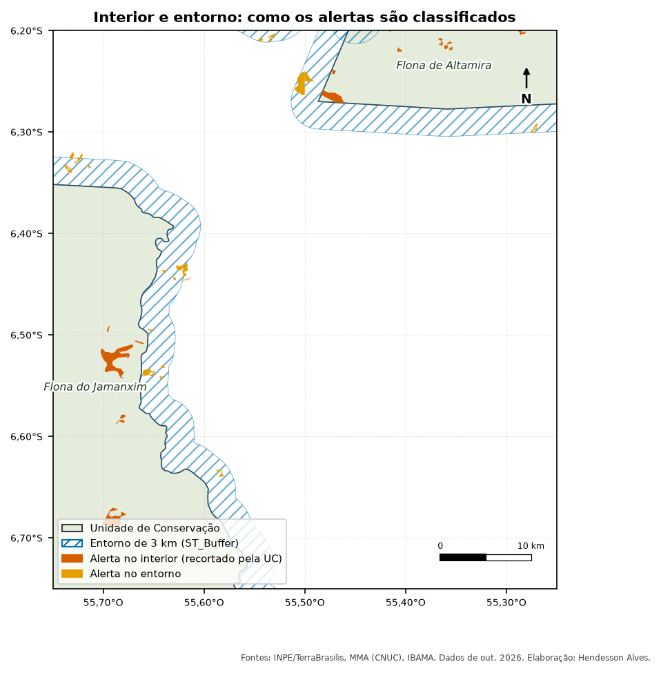 Mapa ampliado de duas UCs, em verde claro, cercadas por uma faixa hachurada em azul que representa o entorno de 3 km. Alertas dentro das UCs estão em vermelho-alaranjado e alertas na faixa de entorno, em laranja.