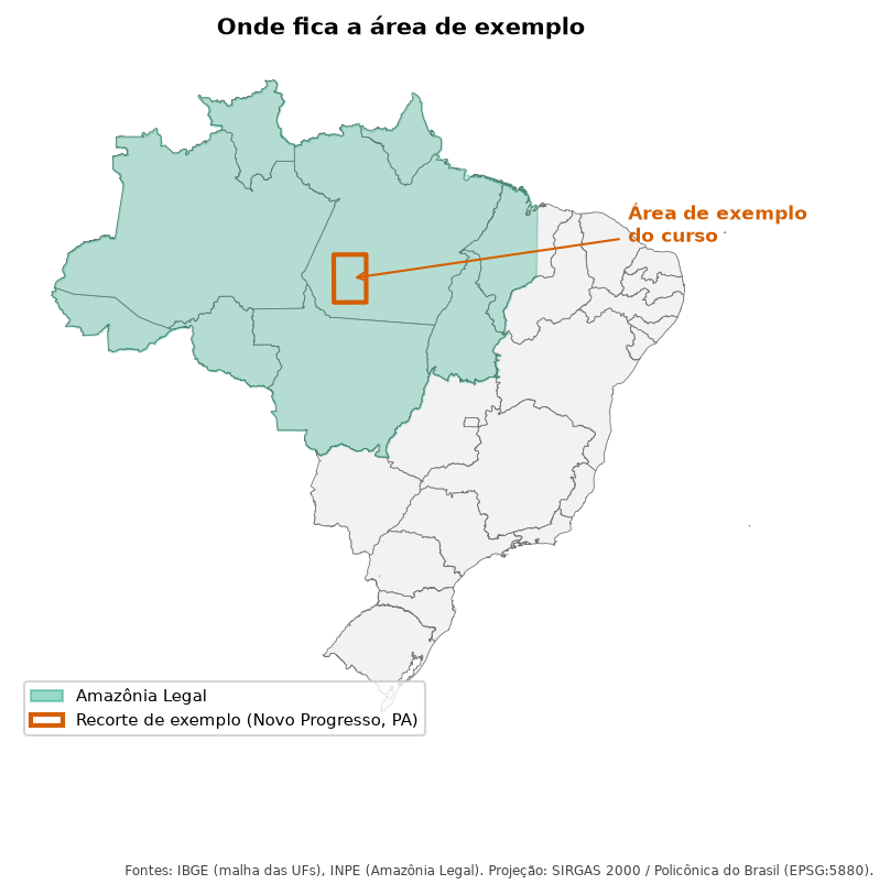 Mapa do Brasil com a Amazônia Legal em verde e um retângulo vermelho no sudoeste do Pará, na região de Novo Progresso.