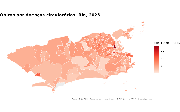 Mapa da taxa de óbitos por doenças circulatórias por bairro, Rio de Janeiro, 2023