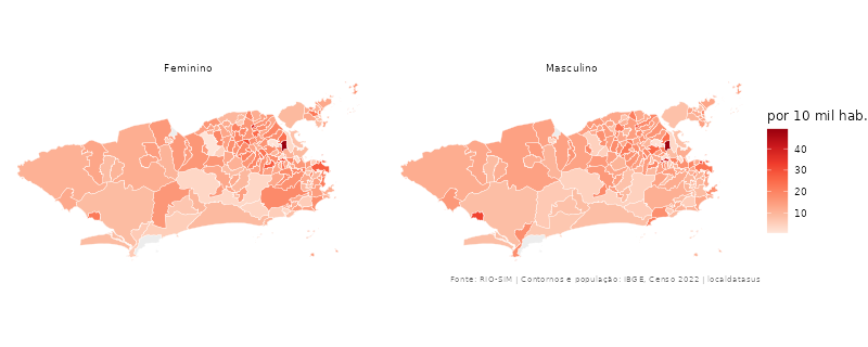 Mapas lado a lado da taxa de óbitos por sexo, por bairro, Rio de Janeiro