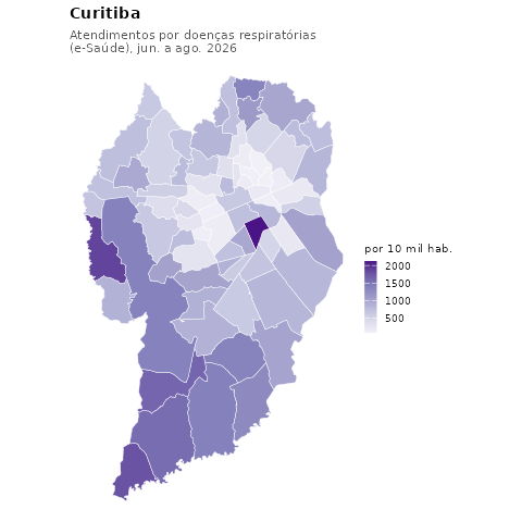 Mapa: atendimentos por doenças respiratórias por bairro, Curitiba, 2026