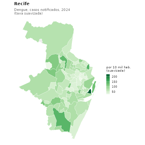 Mapa: casos notificados de dengue por bairro, Recife, 2024