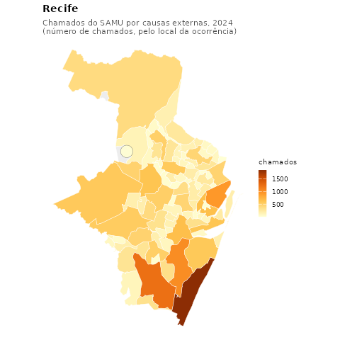 Mapa: chamados do SAMU por causas externas por bairro, Recife, 2024