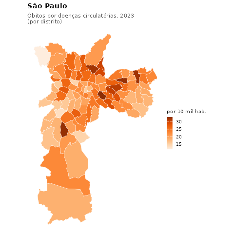 Mapa: óbitos por doenças circulatórias por distrito, São Paulo, 2023
